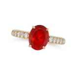 A FIRE OPAL AND DIAMOND DRESS RING set with an oval cut fire opal of 1.37 carats, the shoulders o...