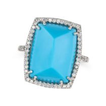 A TURQUOISE AND DIAMOND DRESS RING set with a sugarloaf turquoise cabochon in a border of round c...