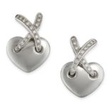 CHAUMET, A PAIR OF DIAMOND EARRINGS in 18ct white gold, each designed as a heart surmounted by a ...