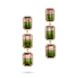 A PAIR OF WATERMELON TOURMALINE AND DIAMOND DROP EARRINGS each comprising a trio of links, set wi...