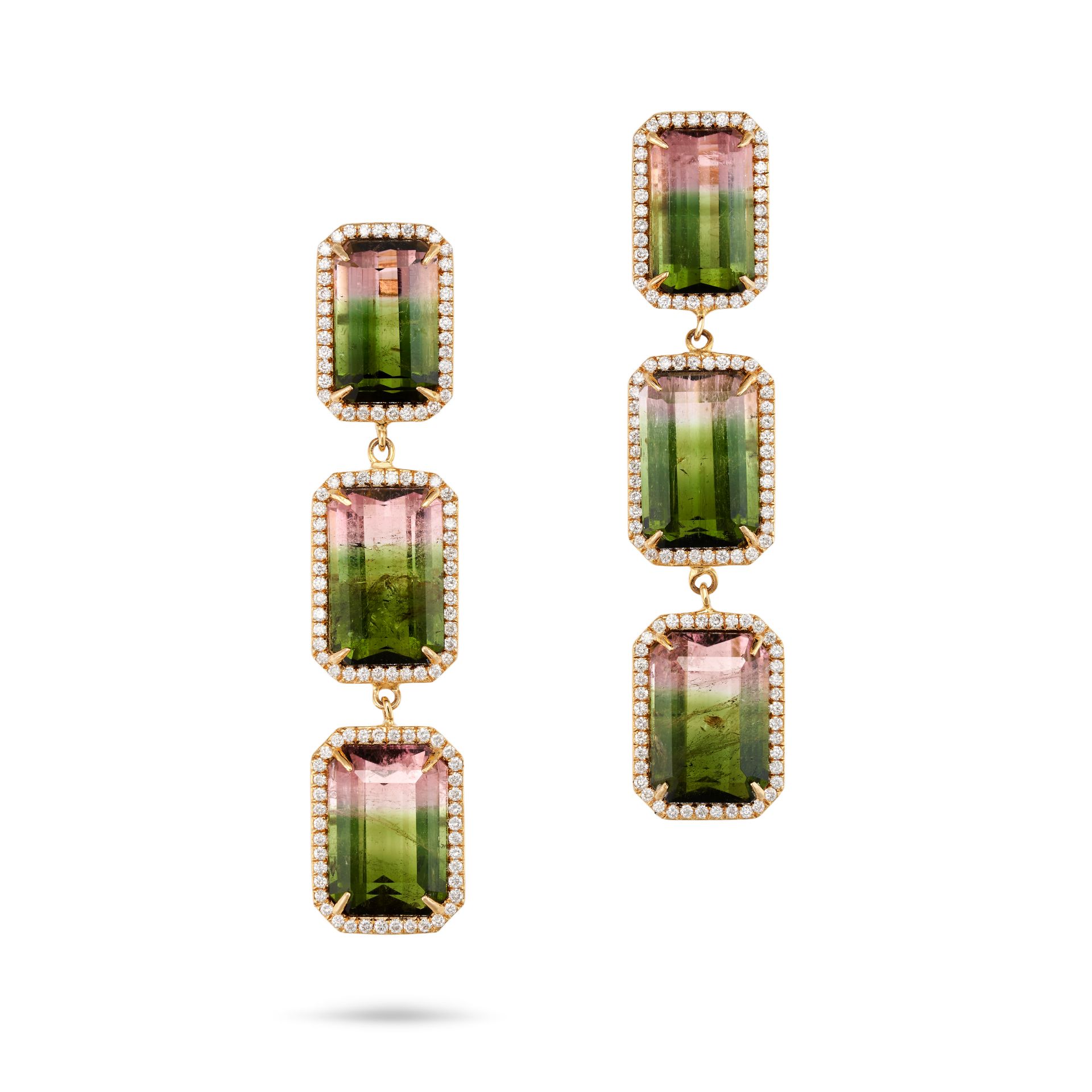 A PAIR OF WATERMELON TOURMALINE AND DIAMOND DROP EARRINGS each comprising a trio of links, set wi...