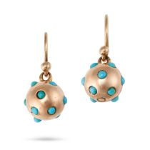 A PAIR OF TURQUOISE DROP EARRINGS in yellow gold, each designed as a spherical drop set with roun...
