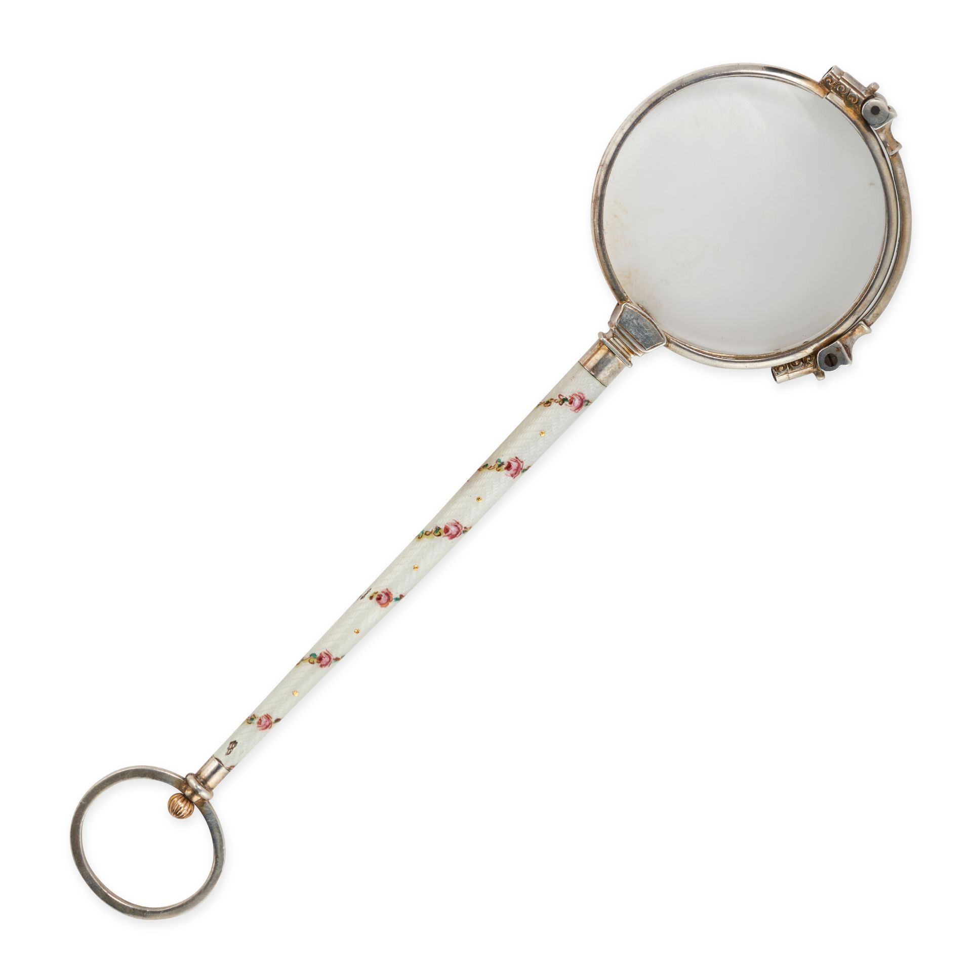 AN ANTIQUE ENAMEL LORGNETTE in silver, the folding lenses on a tapering handle, the handle reliev...