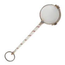AN ANTIQUE ENAMEL LORGNETTE in silver, the folding lenses on a tapering handle, the handle reliev...
