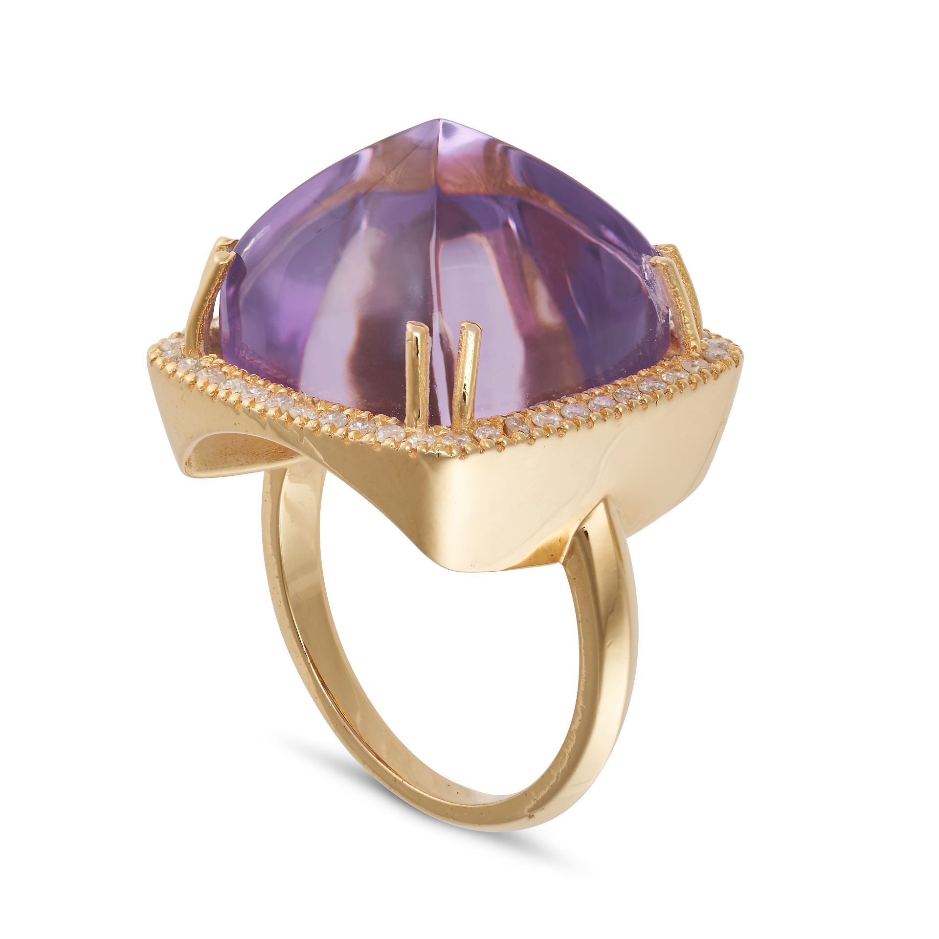 AN AMETHYST AND DIAMOND RING set with a sugarloaf cabochon amethyst in a border of round cut diam... - Image 2 of 2