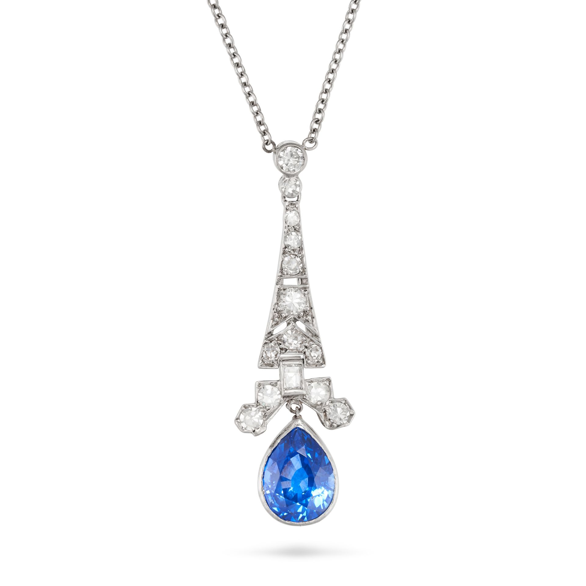 A SAPPHIRE AND DIAMOND PENDANT NECKLACE the pendant set with single and baguette cut diamonds, su...