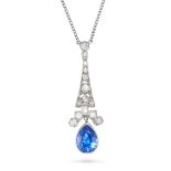 A SAPPHIRE AND DIAMOND PENDANT NECKLACE the pendant set with single and baguette cut diamonds, su...