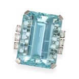 AN AQUAMARINE AND DIAMOND DRESS RING set with an octagonal step cut aquamarine of approximately 4...