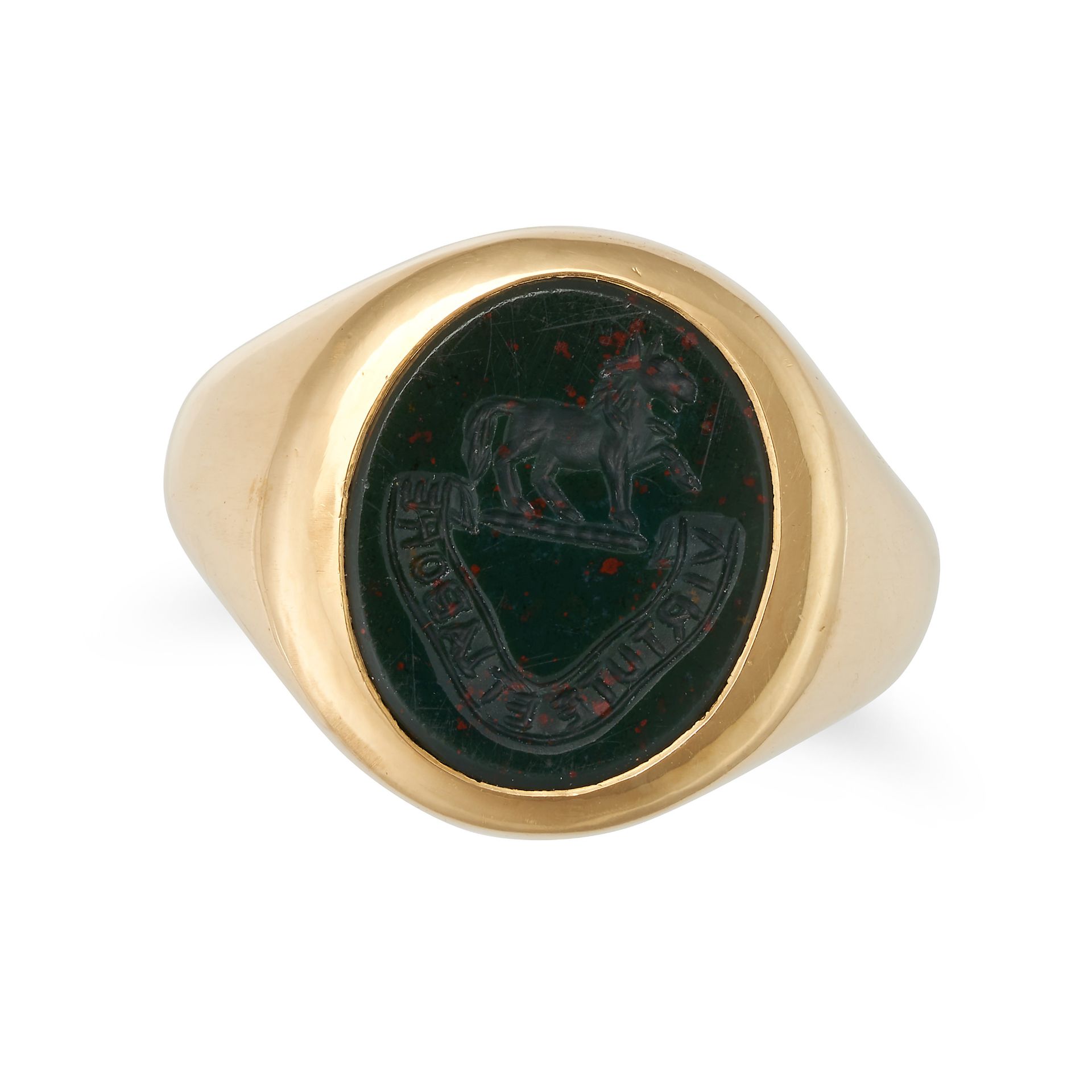 A BLOODSTONE INTAGLIO SIGNET RING in 18ct yellow gold, set with an oval bloodstone intaglio carve...