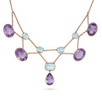 AN ANTIQUE AQUAMARINE AND AMETHYST FESTOON NECKLACE in 9ct yellow gold, comprising a row of cushi...