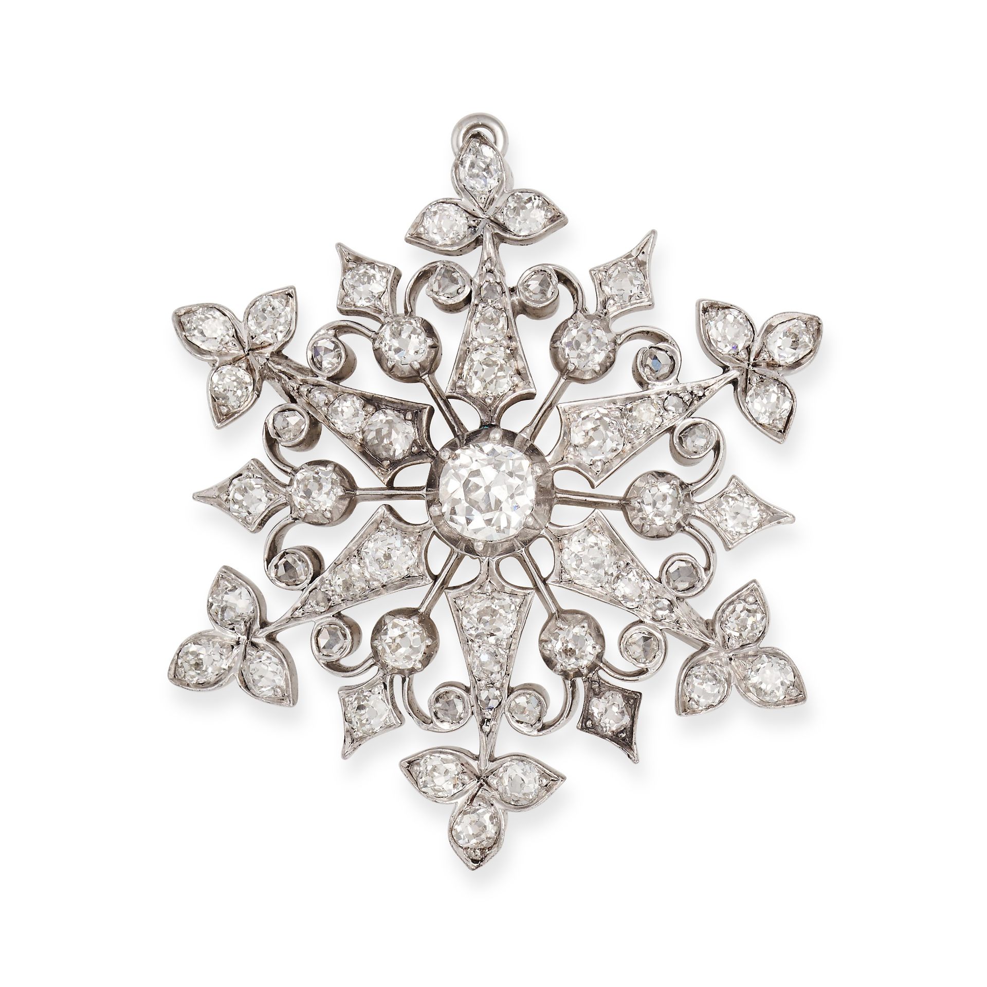 AN ANTIQUE DIAMOND SNOWFLAKE BROOCH / PENDANT later rhodium plated, set to the centre with an old... - Bild 2 aus 2