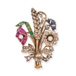 AN ANTIQUE RUBY, EMERALD, SAPPHIRE AND DIAMOND FLORAL SPRAY BROOCH in yellow gold, comprising a b...