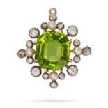 AN ANTIQUE PERIDOT, DIAMOND AND PEARL BROOCH / PENDANT in yellow gold and silver, set with an oct...