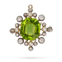 AN ANTIQUE PERIDOT, DIAMOND AND PEARL BROOCH / PENDANT in yellow gold and silver, set with an oct...