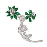 A JADEITE JADE AND DIAMOND FLOWER BROOCH designed as two flowers set with round and pear shaped c...