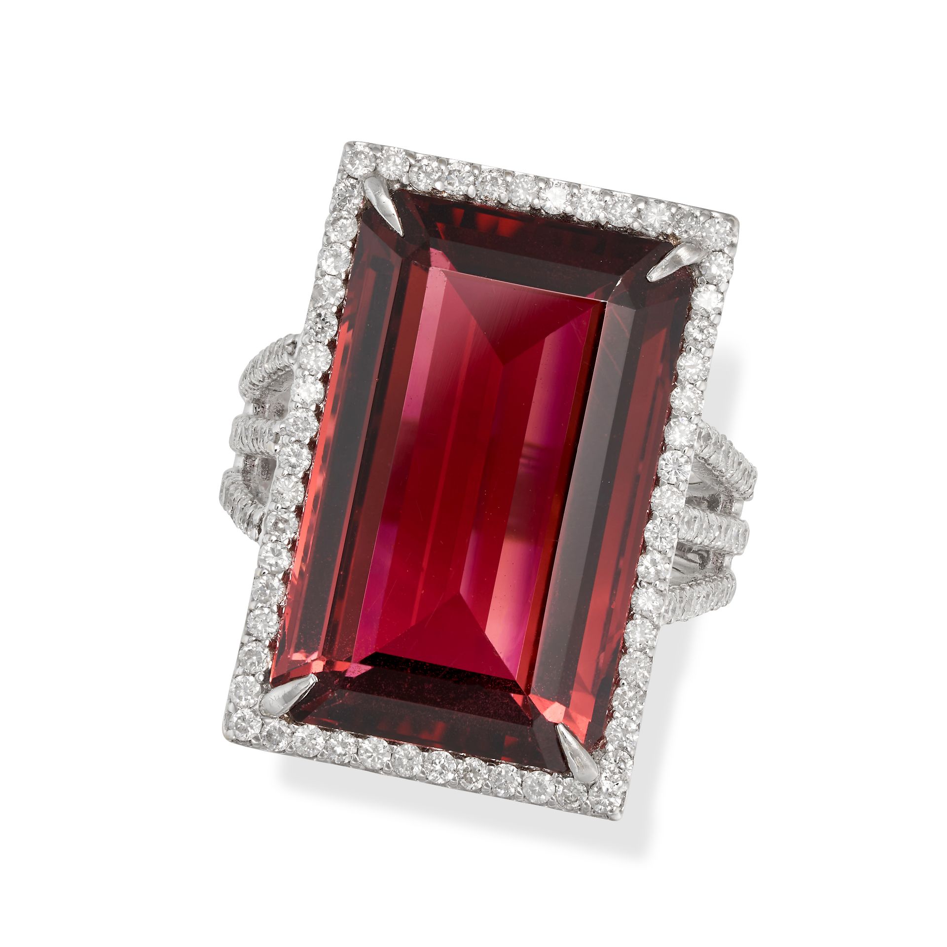 A PINK TOURMALINE AND DIAMOND DRESS RING in 18ct white gold, set with a rectangular step cut pink... - Bild 2 aus 2