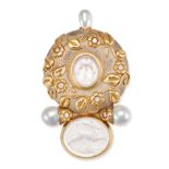 ELIZABETH GAGE, A ROCK CRYSTAL INTAGLIO, PEARL AND DIAMOND BROOCH in 18ct yellow and white gold, ...