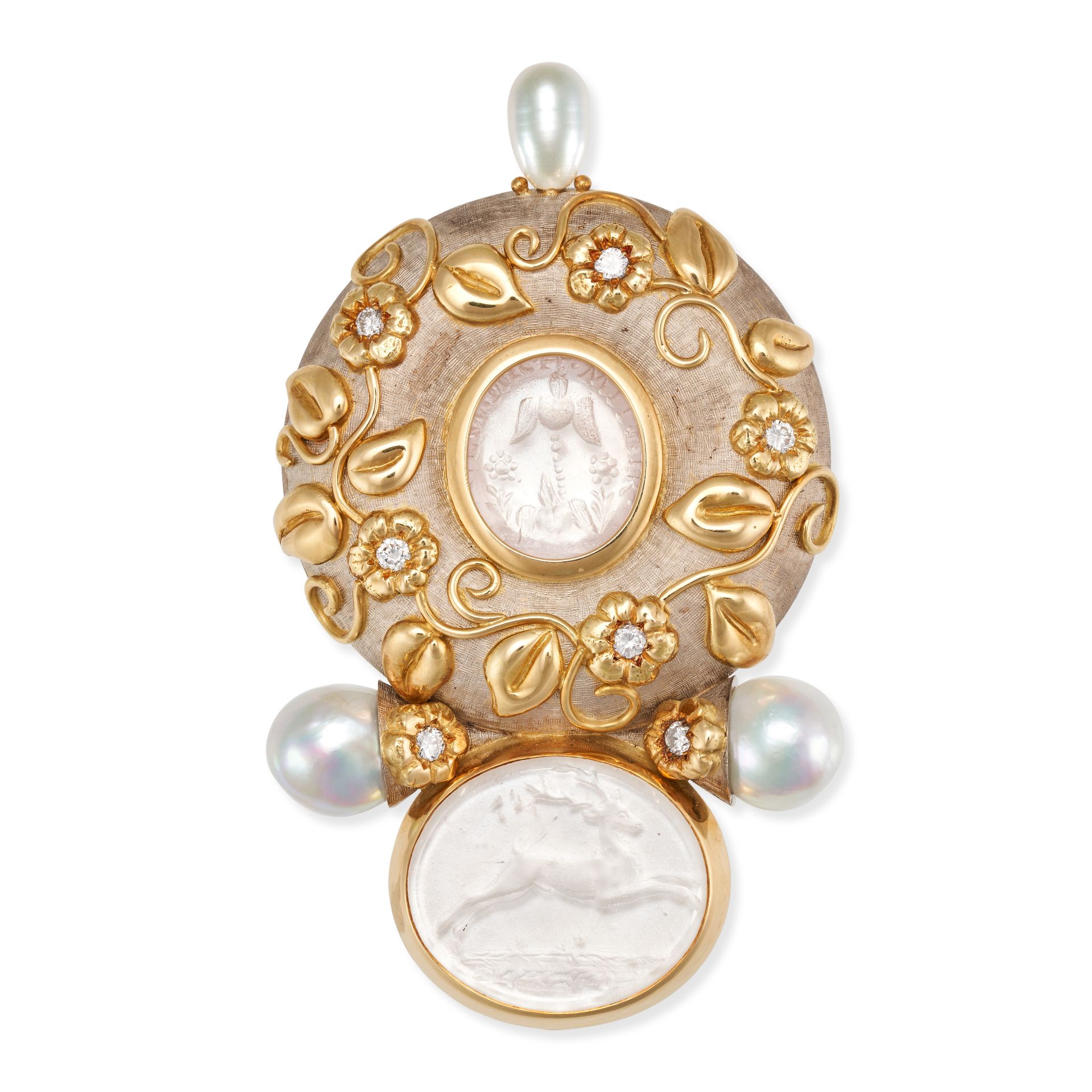 ELIZABETH GAGE, A ROCK CRYSTAL INTAGLIO, PEARL AND DIAMOND BROOCH in 18ct yellow and white gold, ...