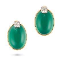 DAVID WEBB, A PAIR OF CHRYSOPRASE AND DIAMOND CLIP EARRINGS each set with an oval cabochon chryso...