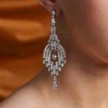 A LARGE PAIR OF DIAMOND CHANDELIER DROP EARRINGS the geometric bodies set throughout with old Eur...