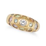 A DIAMOND DRESS RING set with round brilliant cut white, yellow, orange, green, pink and blue irr...