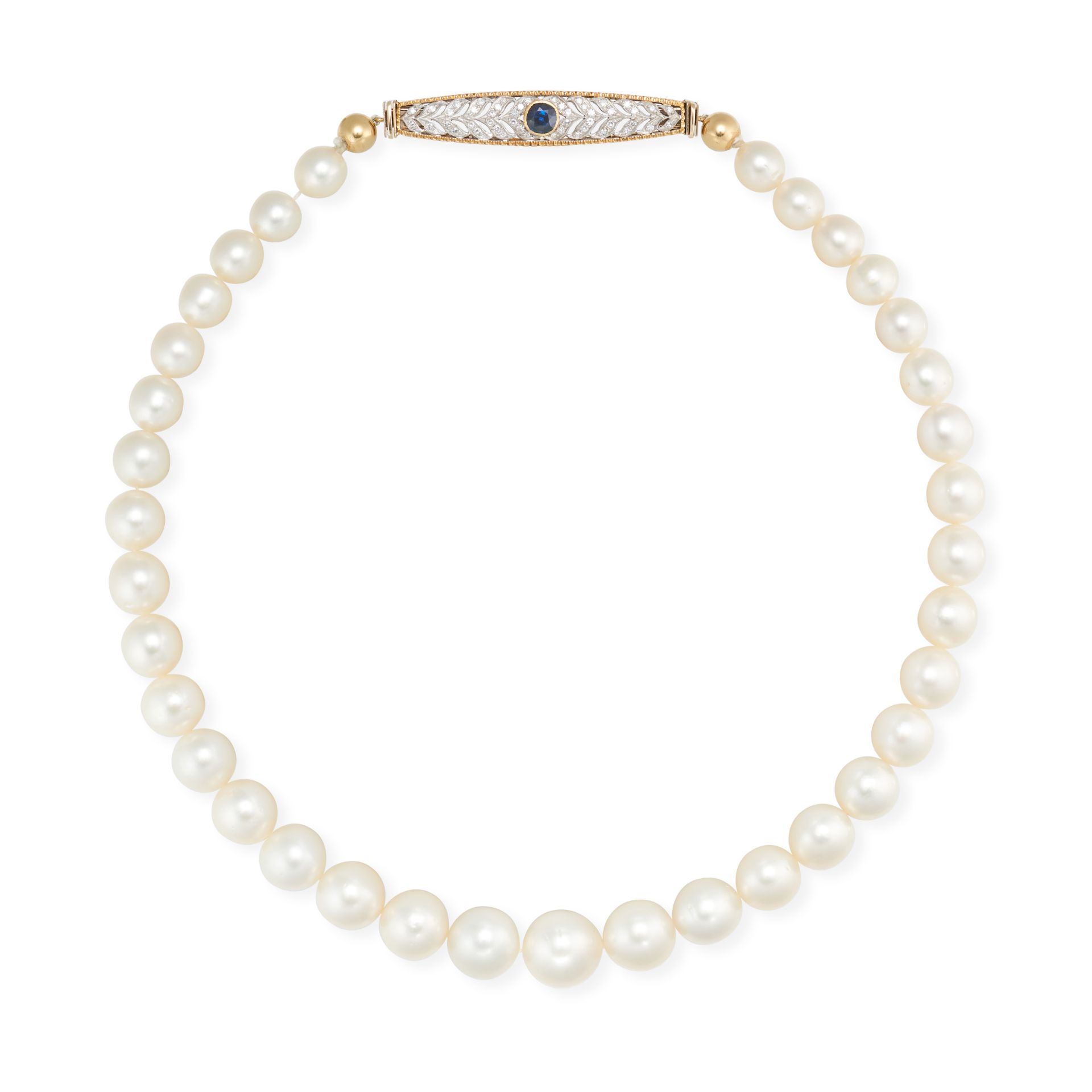 A SAPPHIRE, DIAMOND AND PEARL NECKLACE comprising a single row of pearls ranging from 10.0-14.9mm...
