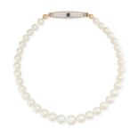 A SAPPHIRE, DIAMOND AND PEARL NECKLACE comprising a single row of pearls ranging from 10.0-14.9mm...