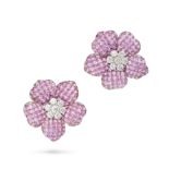 A PAIR OF PINK SAPPHIRE AND DIAMOND FLOWER EARRINGS each designed as a flower set with a cluster ...