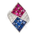 OSCAR HEYMAN & BROTHERS, A RUBY, SAPPHIRE AND DIAMOND CROSSOVER RING set with clusters of calibre...