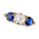AN ANTIQUE DIAMOND AND SAPPHIRE THREE STONE RING in 18ct yellow gold, set with an old European cu...