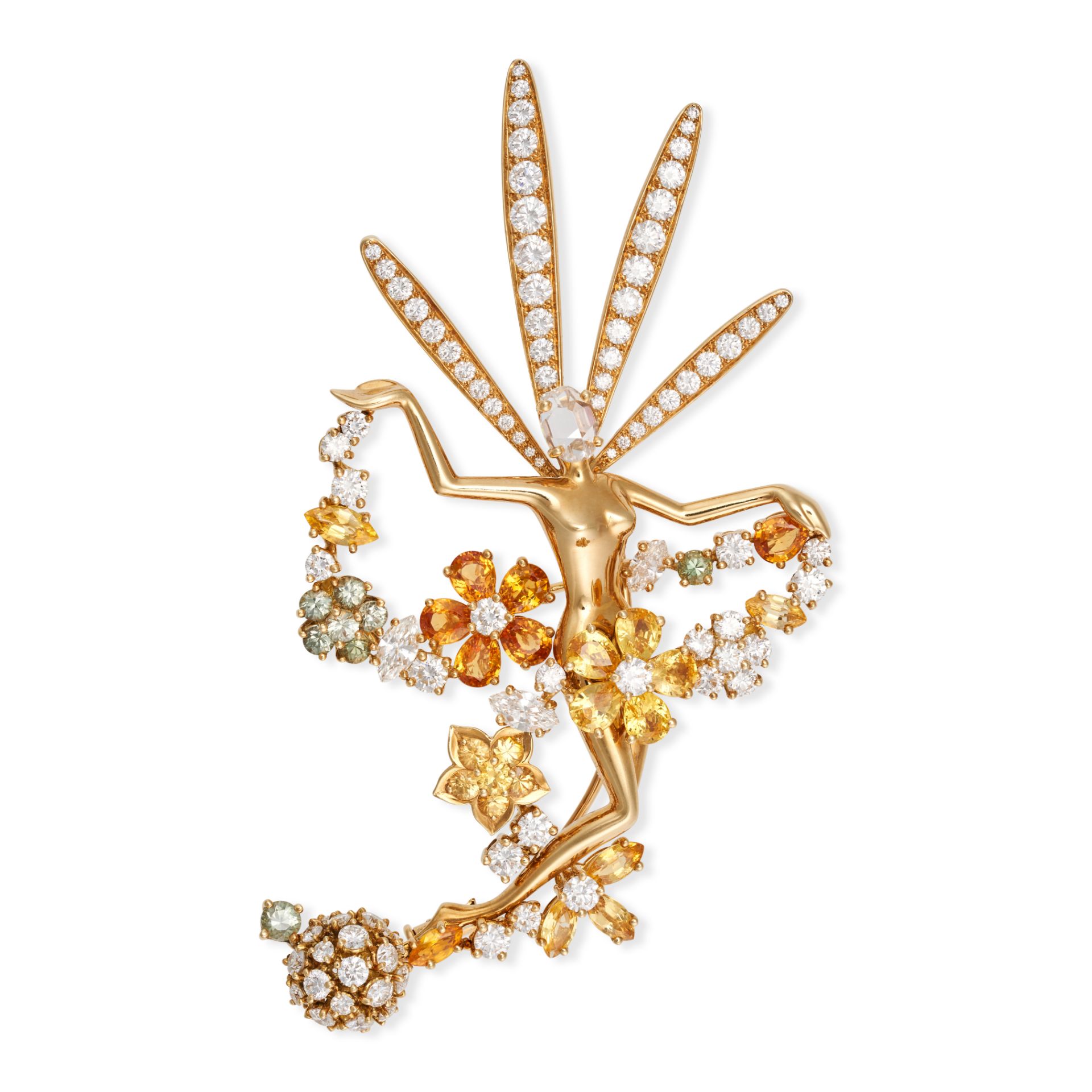 VAN CLEEF & ARPELS, A FOLIE DES PRES MULTICOLOUR SAPPHIRE AND DIAMOND FAIRY BROOCH in 18ct yellow...
