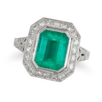 AN EMERALD AND DIAMOND RING set with an octagonal step cut emerald of approximately 2.74 carats i...