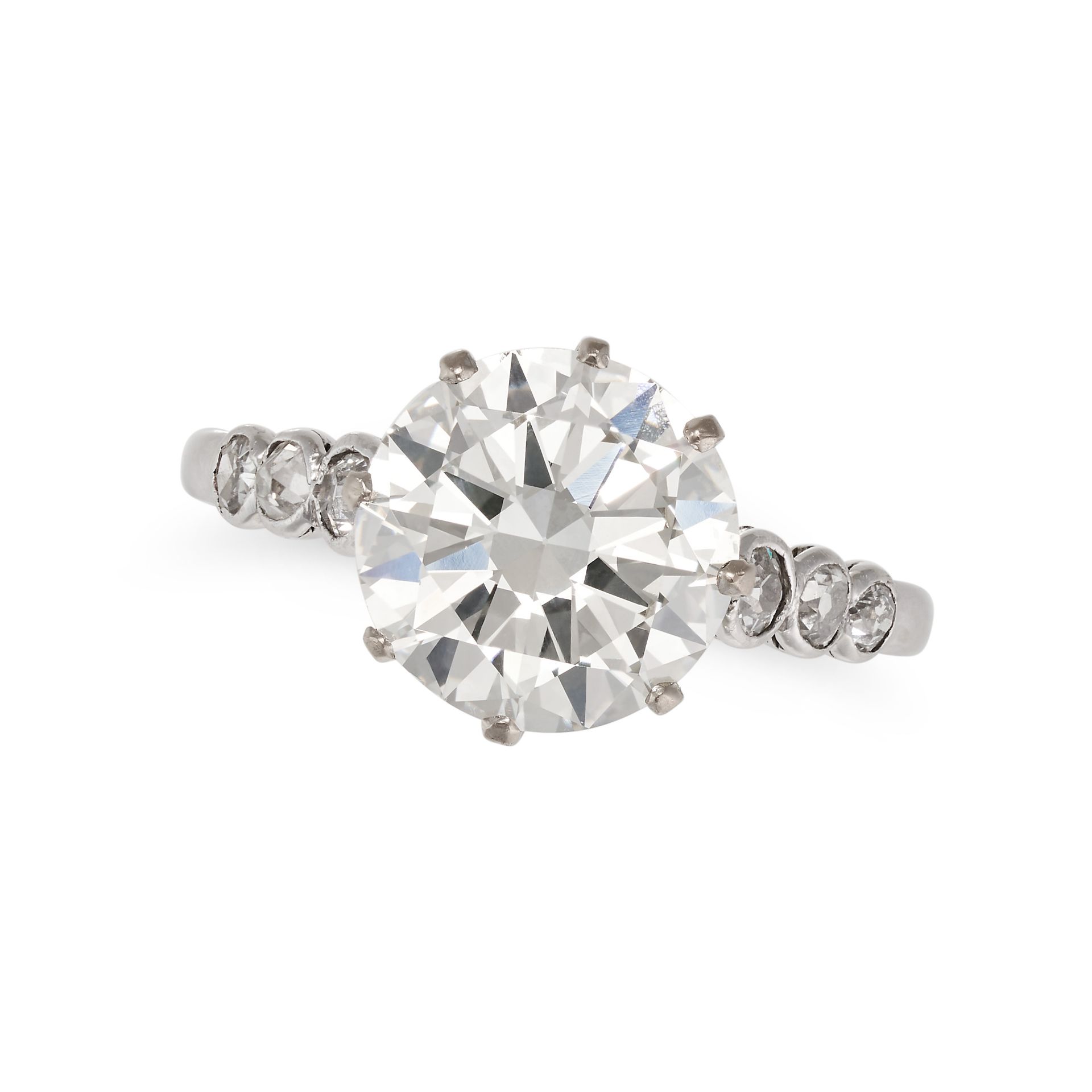 A 3.77 CARAT SOLITAIRE DIAMOND RING set with a round brilliant cut diamond of 3.77 carats, the sh...