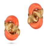 KUTCHINSKY, A PAIR OF VINTAGE MODERNIST CORAL EARRINGS, 1978 in 18ct yellow gold, each set with t...