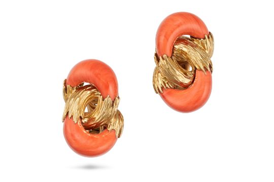 KUTCHINSKY, A PAIR OF VINTAGE MODERNIST CORAL EARRINGS, 1978 in 18ct yellow gold, each set with t...