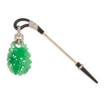 CARTIER, AN ANTIQUE ART DECO JADEITE JADE, ONYX AND DIAMOND JABOT PIN BROOCH in 18ct white gold, ...