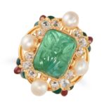 AN ANTIQUE INDIAN EMERALD, PEARL, DIAMOND AND ENAMEL RING in high carat yellow gold, set with a M...