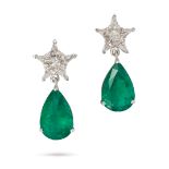 A PAIR OF EMERALD AND DIAMOND DROP EARRINGS each set with a star shaped cluster of fancy shield c...