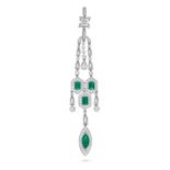 AN EMERALD AND DIAMOND PENDANT in platinum and white gold, comprising a foliate top set with roun...