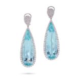 A PAIR OF AQUAMARINE AND DIAMOND DROP EARRINGS each comprising a pear shaped cluster of round bri...