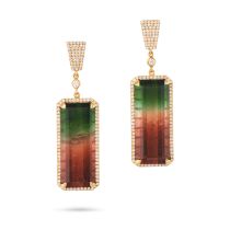 A PAIR OF WATERMELON TOURMALINE AND DIAMOND DROP EARRINGS each comprising a geometric top set wit...