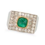A RETRO EMERALD AND DIAMOND DRESS RING set with a sugarloaf cabochon emerald accented by single c...