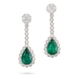 A PAIR OF EMERALD AND DIAMOND DROP EARRINGS each comprising a cluster of round brilliant cut diam...