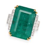 AN EMERALD AND DIAMOND DRESS RING set with an octagonal step cut emerald of approximately 15.78 c...