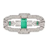 A FRENCH ART DECO EMERALD AND DIAMOND PLAQUE BROOCH in 18ct white gold and platinum, set with a r...