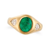AN EMERALD AND DIAMOND GYPSY RING set with an oval cabochon emerald of approximately 1.89 carats ...