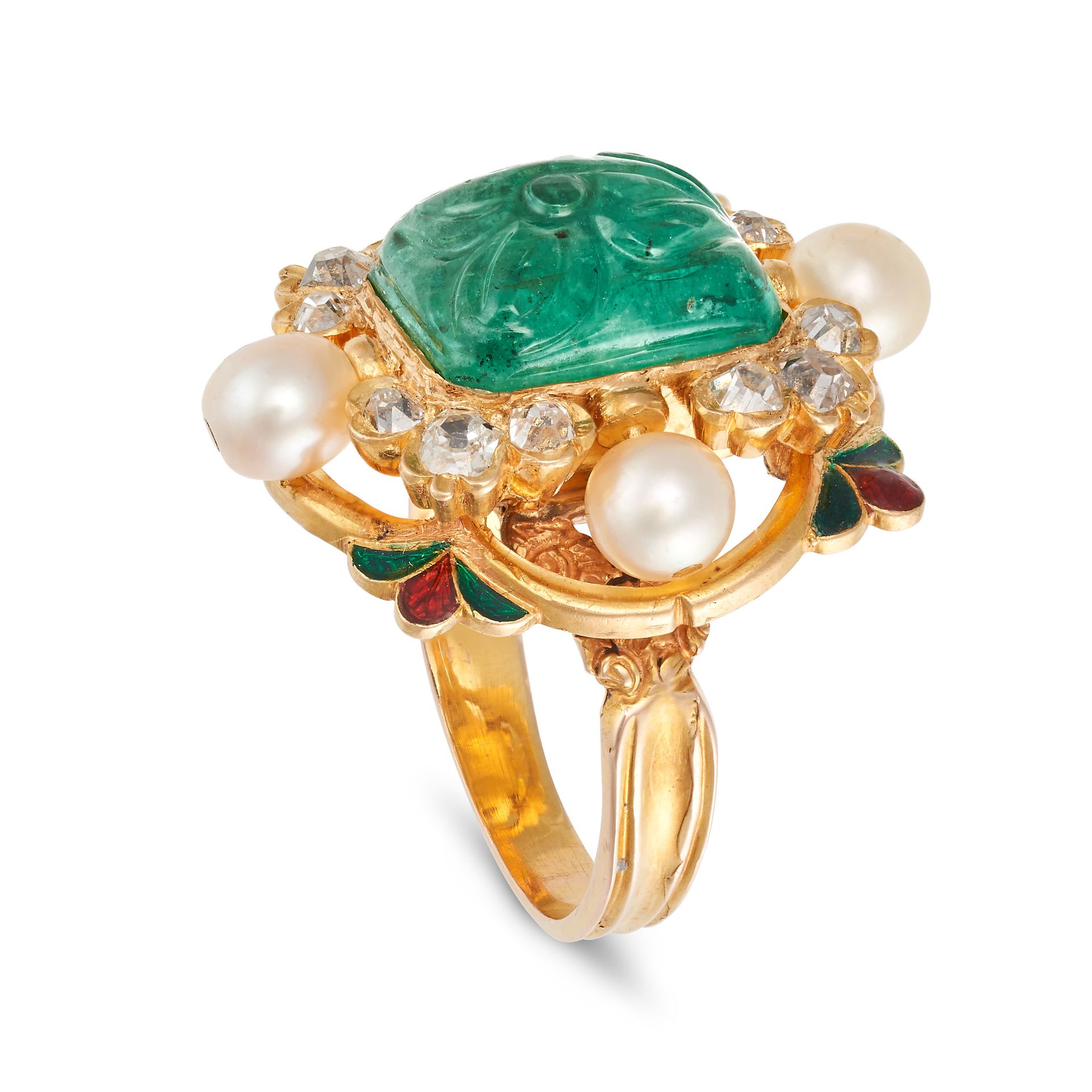 AN ANTIQUE INDIAN EMERALD, PEARL, DIAMOND AND ENAMEL RING in high carat yellow gold, set with a M... - Bild 2 aus 2