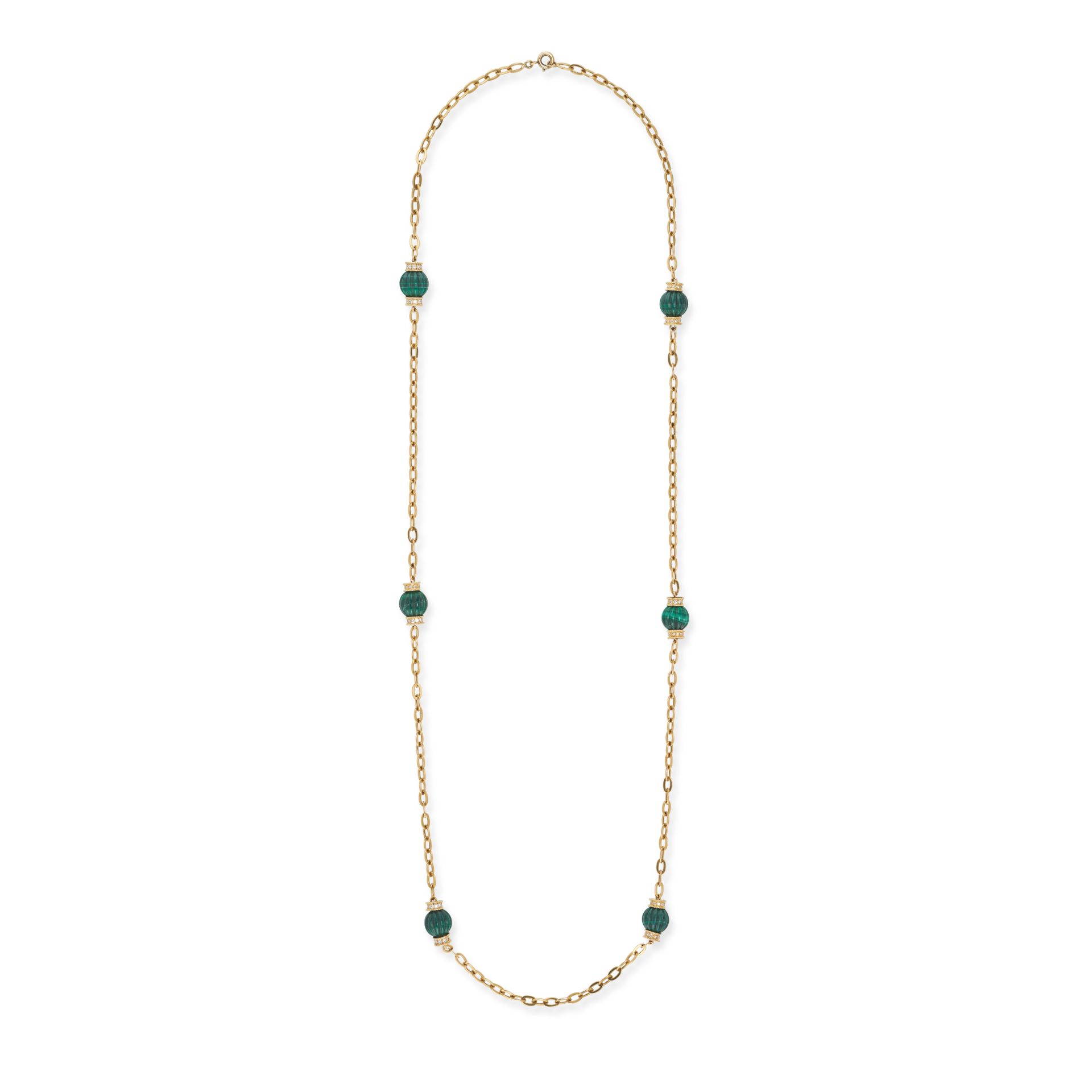 A FRENCH MALACHITE AND DIAMOND NECKLACE in 18ct yellow gold, comprising a trace chain set with fl...