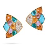 A PAIR OF MULTIGEM RAINBOW FISH EARRINGS each designed as a rainbow fish set with cabochon blue t...