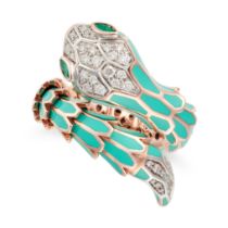 ALEXIS NY, A DIAMOND, EMERALD AND ENAMEL SNAKE RING comprising a row of articulated links decorat...